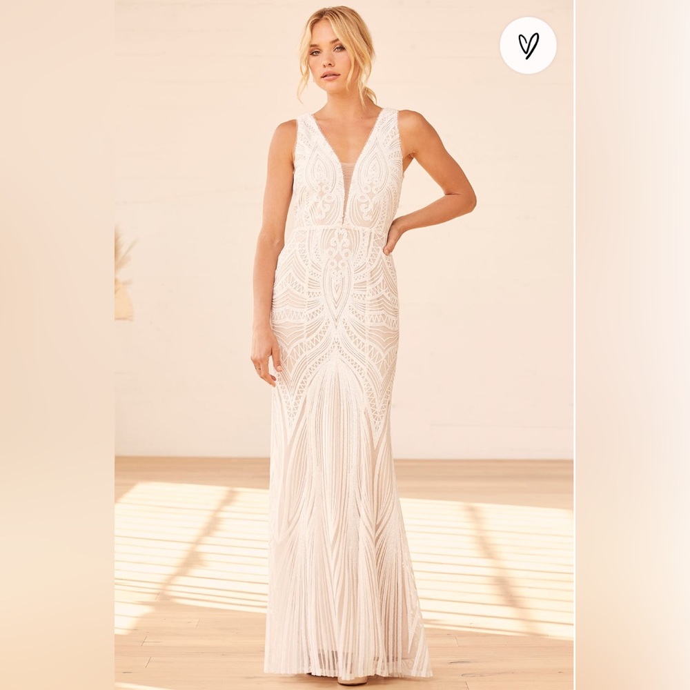 Lulus Splendorous Love White and Beige Sequin Trumpet Hem Maxi Dress